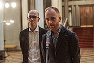 Nicolas Grospierre, Igor Gałązkiewicz at the opening of the exhibition 'Nicolas Grospierre 50/50', 20 Nov. 2015. Photo: Jarosław Mazurek